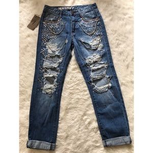 Distressed Jewel Embellished Denim Jeans